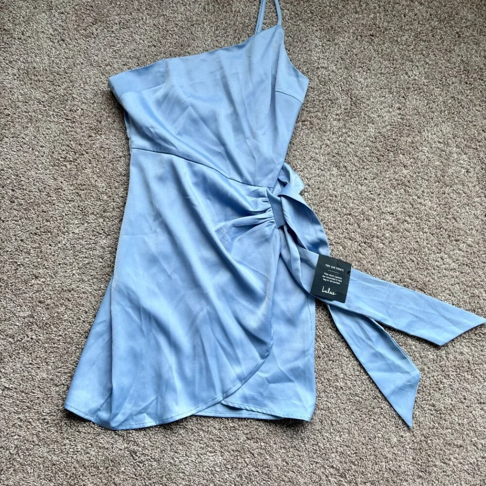 NWT Lulus Light Blue Satin One-Shoulder Mini Dress (Meant to Be Together) Size S - Picture 2 of 10